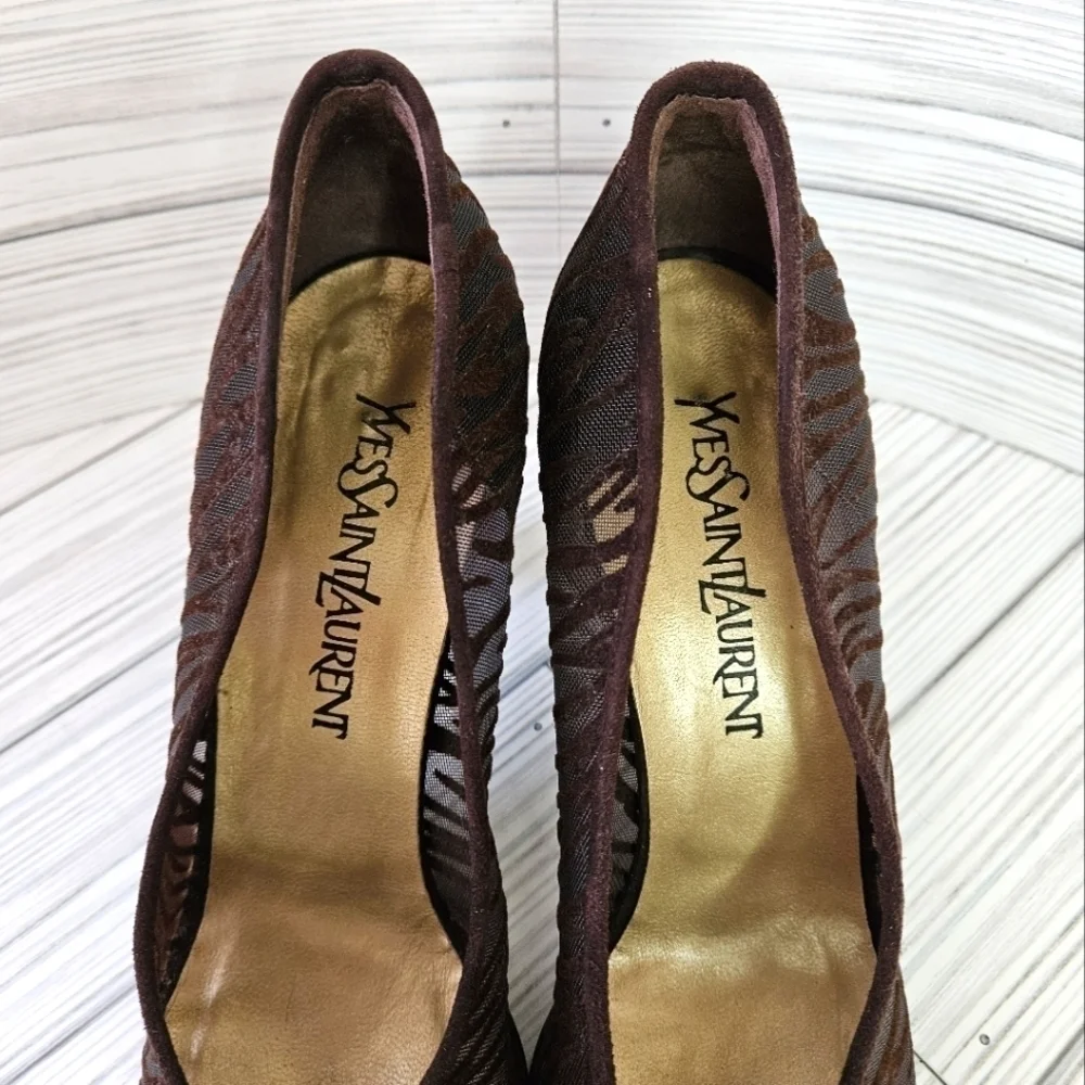 Vintage Yves Saint Laurent Velvet and Mesh Stripe Heeled Pumps in Brown Size 8.5 - Picture 7 of 9